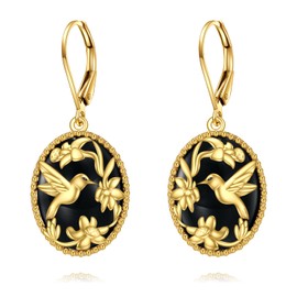 Hummingbird Earrings Sterling Silver Black Onyx Oval Hummingbird Dangle Leverback Earrings Gold Plated Flower Drop Earrings Jewelry Christmas Gifts for Women
