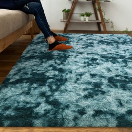 DweIke Fluffy Peacock Blue Rugs for Bedroom Living Room, 5x8 Feet Soft Plush Shaggy Tie-Dyed Teal Blue Girls Boys Kids Rug, Upgraded Non-Slip and Machine Washable Carpet for Dorm Nursery Decor