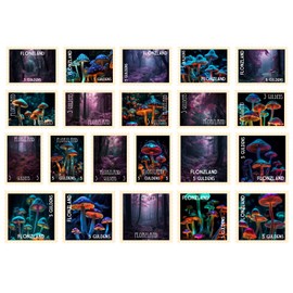 Post Stamps Stickers Set ~ Luminescent Mushrooms and Mystical Forest Pathways in The Heart of Nature's Wonder ~ FLONZ Vintage Decals for Craft