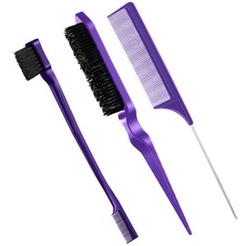 3 Piece Toupier Brush Set Double Edge Brush and Comb Bristles Hair Brush Comb Care Edges Brush Combs Robust Rat Tail Comb for Hairdresser Women Baby Children (Purple)
