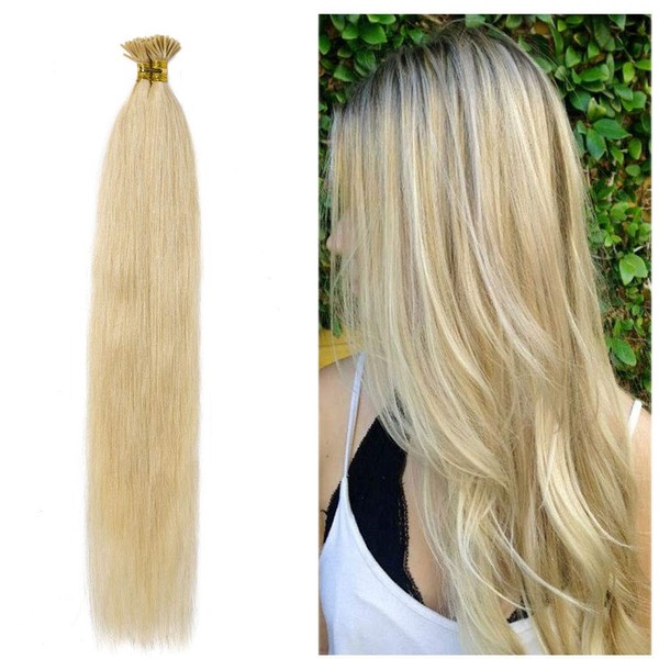 22 Inches I Tip Remy Human Hair Extensions 100 Strands/Pack Pre Bonded Keratin Stick In Hair Extensions Cold Fusion Hair Piece Long Straight For Women #613 Bleach Blonde 22'' 50g