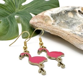Flamingo Charm Earrings, Hot Pink Enamel Charm Beads on Nickel Free Gold Tone Hooks : 45mm long, Funny Gift for Women, Bird Lover Jewellery, Drop Earrings