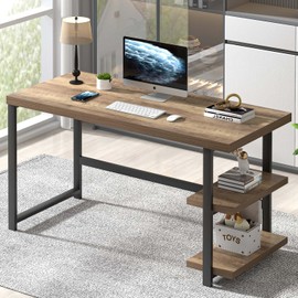 FOLUBAN Computer Desk, Modern Home Office Desk with Storage Shelves, Writing Study Gaming Table for Living Room Bedroom, Rustic Oak, 53 Inch