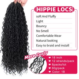 Curly Faux Goddess Locs Crochet Hair 18Inch Pre Looped Synthetic Deep Curly Hairstyle Hippie Locs Crochet Braids Extensions（1B,18inch(Pack of 8))