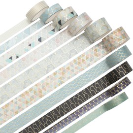 YUBX Masking Tape, Set of 10, Washi Tape, Creative Gold Foil Stamping, DIY Crafts, Journal, Notebook, Planner, Scrapbooking, Wrapping, Gift Decoration(Geometric)