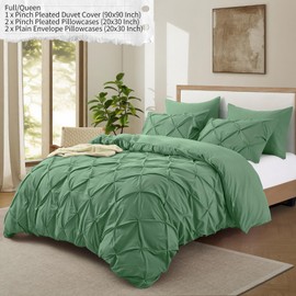 VACVELT 5 Piece Pinch Pleated Duvet Cover Full/Queen Size Set, Sage Green Pintuck Duvet Cover with Zipper & 8 Ties, Shabby Chic Microfiber Duvet Cover + 2 Pillow Shams + 2 Pillowcases, No Comforter