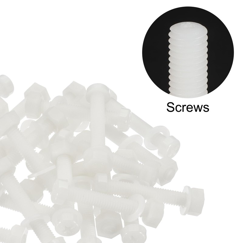 PATIKIL M6x40mm White Nylon Bolts Plastic Nuts Full Thread Head