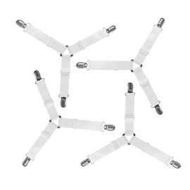 QEEQPF 6-piece bed sheet tensioner, adjustable elastic bed sheet clamp fixing parts, fixing clip fixing straps, 4 triangular fixing clips and 2 metal bands.