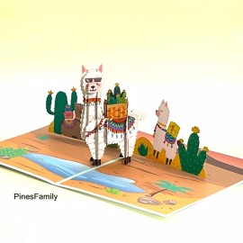 PinesFamily C15-Alpaca & Llamas 3D Pop-Up Card with Cactus - Animal Themed Card