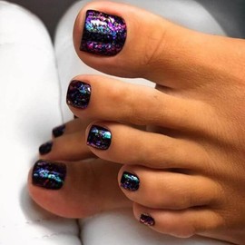 Black Press on Toenails Short Square Fake Toe Nails with Holographic Foil Glitters Design Glossy Acrylic Toe Nail Press ons Full Cover Purple Press on Toenails for Women 24Pcs
