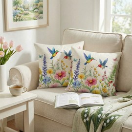 GEEORY Spring Hummingbirds Flowers Pillow Covers Set of 2, 18x18 Inch Floral Decor Throw Pillow Cases for Sofa, Bedroom, Living Room