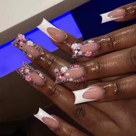 Buy 10 Get 10 Free! [Machine-Made] 24pcs Press-On Nails with Rhinestones & Flowers â€“ French Style Glue-On Nails for Women & Girls:_005