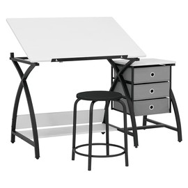 SD Studio Designs 2 Piece Comet Center Plus, Craft Table and Matching Stool Set with Storage and Adjustable Top, Black/White, 50x23.75x29.5 inches