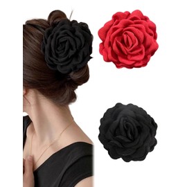 2PCS Flower Women's Hair Claws Clip,Fashion Headwear Elegant Lady Fabric Rose Flower Hair Claw Hairpin Women Girls Accessories (Red & Black)