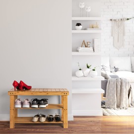 Homemaid Living Bamboo 3 Tier Shoe Rack Small Bench, Outdoor Shoe Rack Weatherproof - Shoe Rack with Bench, Bathroom Bench, Shoe Organizer for Entryway, Hallway, Living Room (Natural Bamboo)