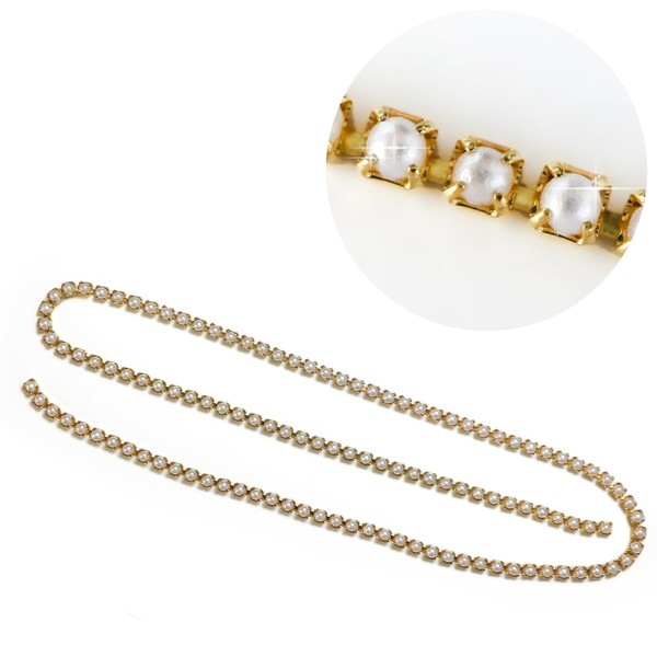 NP-012 Nail Parts Chain, Gold + Pearl, Rhinestones, Self Nail Decoration, Cutable, Approx. 9.8 inches (250 mm), Grain Approx. 0.06 inch (1.5 mm)) Sparkling Puffy Round