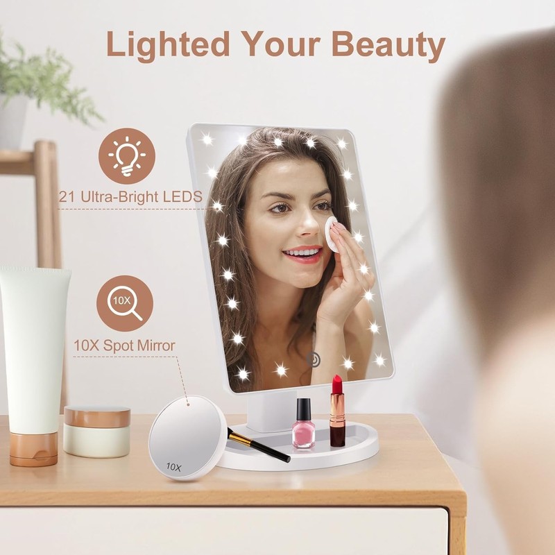 Espejo Maquillaje Iluminado LED Aumento 10x Espejo 21 Luces Táctil