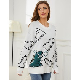 VDWIP Women's Dinosaur Sweater Vintage Oversized Sweater Y2K Graphic Knit Pullover Sweater Unisex Casual Cute Kawaii Tops(White-M)