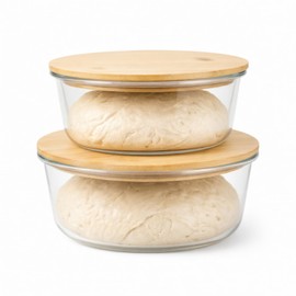 Mowhut Pizza Dough Proofing Box, Food Pizza Storage Container with Airtight Wooden Lid, Stackable Glass Jar Sourdough Proofing Container, Pizzas Making Accessories, 950ml & 1300ml, 2 Pack, Clear
