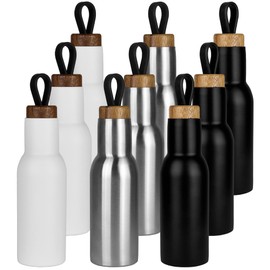 Stainless Steel Water Bottle with Wooden Lid - 3-Piece Set - Vacuum Leak-Proof Thermos Flask, Water Bottle BPA Free, Insulated Thermos Flask for Sports, Running, Biking, Hiking - 400 ml - White