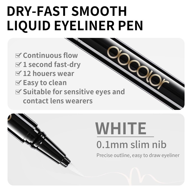 Docolor Ultra Fine Precision White Eyeliner, Professional Liquid Eyeliner, Waterproof