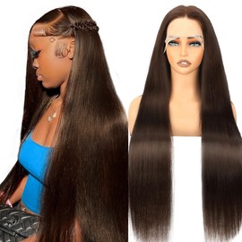 SWOTHEW 30 Inch Chocolate Brown Lace Front Wig Human Hair 200% Density 13x6 Transparent HD Straight Lace Front Wigs Human Hair Pre Plucked With Baby Hair Colored Frontal Wigs Brown Wig