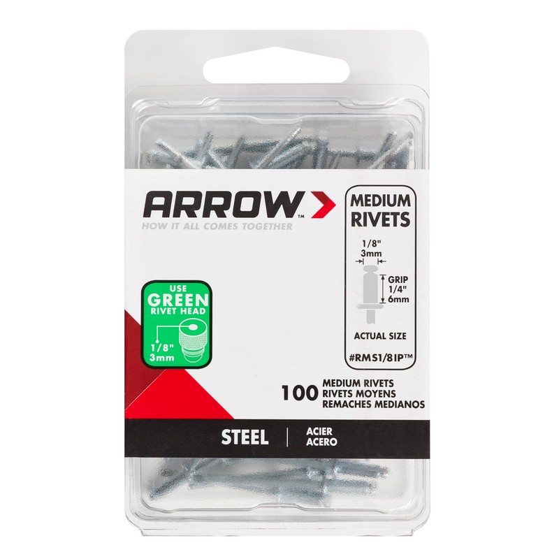 Arrow RMS1/8IP Medium Steel 1/8-Inch Pop Rivets for Metal, Fabric,