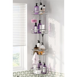 Corner Shower Caddy Tension Pole: Stainless Steel Rustproof 4-Tier Shower Organizer - 47-121 inch Adjustable Bathroom Shelves for Bathtub Shampoo Storage - Tension Rod Floor Standing Bath Rack -Sliver