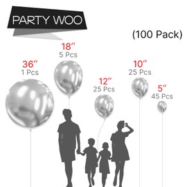 PartyWoo Metallic Silver Balloons, 100 pcs Silver Metallic Balloons Different Sizes Pack of 36 Inch 18 Inch 12 Inch 10 Inch 5 Inch Chrome Silver Balloons for Birthday Party Decorations, Silver-G102