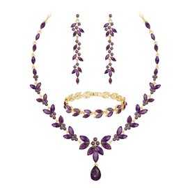 Wedding Jewelry Sets for Bride Bridesmaid Bridal Jewelry Set for Women Wedding Crystal Necklace Earrings Bracelet Set for Party Prom Jewelry (Purple - Gold)