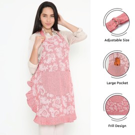 Encasa XO Kitchen Apron for Women | Cotton Chambray Fabric with Floral Frill | Kitchen & Cooking Aprons with 2 Large Pockets | Stylish Protection for Women - 70x85 cm - Red