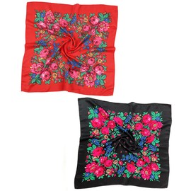 Gudessly 2 PCS Russian Ethnic Scarf Square Head Hair Scarves Printed Cotton Flowe Neck Scarf for Women Girls (Red,BLack)