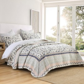 FineStichery 100% Cotton Oversized Quilt Bedspread 128"x120", Lightweight King Bedspreads Coverlets, Extra Large Floral Quilt, Quilted Reversible Bedding Cover, 3 Piece, Navy