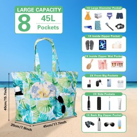 Beach Bag With Zip, Large Waterproof Travel Accessories Picnic Summer Vacation Gym Holiday Tote Foldable Swimming Outdoor Shopping Beach Bag With Zip (Green Palm)