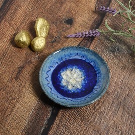 The Barrington Garage American Handmade 4-1/2" Stoneware Trinket Dish with Crackled Fused Glass by Dock 6 Pottery, Starry Night Blue, Each One Varies