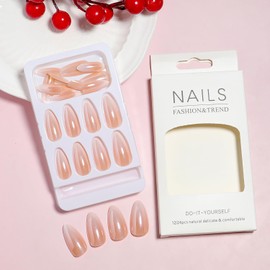 24Pcs Nude Gradient Press on Nails Medium Length, GRITOSE Almond Shaped False Nails Mirror Nails Artificial Acrylic Fake Nails with Glue Full Cover Glue on Nails Reusable Stick on Nails for Women