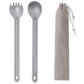 Long Handle Titanium Spork and Spoon - 8.4"Long Metal Cutlery Set for Backpacking and Camping - Strong Lightweight - Includes Bag