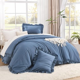 Litanika Ocean Blue King Size Comforter Set, 3 Pieces Ruffle Farmhouse Aesthetic Bedding Comforter Set, All Season Soft Lightweight Fluffy Microfiber Bed Set(104x90In Comforter, 2 Pillowcases)