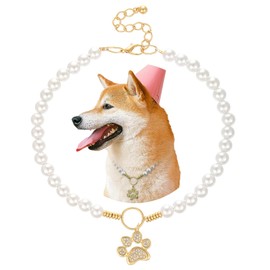 Madison Tyler Pearl Necklace for Dogs | Durable Cute Fashion Pet Collar with Dog Paw Charm for Small Large Dog Adjustable | Pearl Beaded Bold Puppy Jewelry Accessories 16 Inches