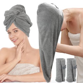 Hience 2-Pack Large Microfibre Hair Towel Wrap for Long Curly Hair, 86x26cm Super Absorbent Quick Drying Hair Turban with Elastic Straps for Women, Anti-Frizz Hair Drying Towel, Grey