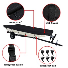 QEWTYI 14ft Jon Boat Cover- Waterproof Heavy Duty Trailable Jon Boat Cover Fits Jon Boat 14ft Long Black…