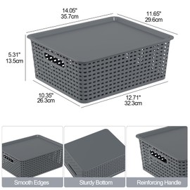 6-Pack Plastic Storage Baskets with Lid, Organizer Bins, Gray