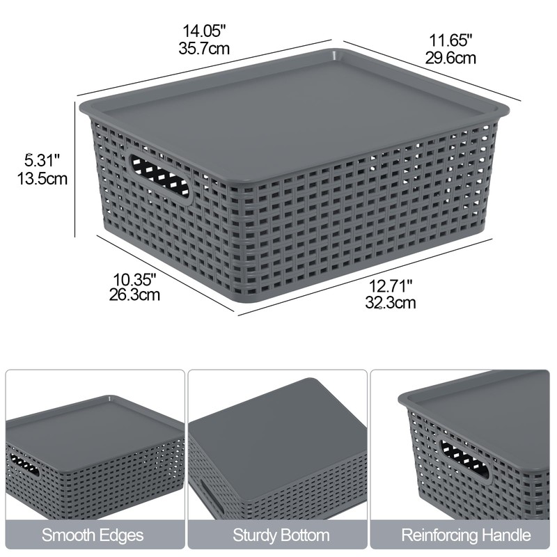 6-Pack Plastic Storage Baskets with Lid, Organizer Bins, Gray