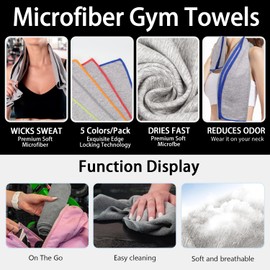 Puomue 5 Pack Microfiber Gym Towels for Working Out, 16" X 26.8", Silver ION Odor-Free Absorbent Fiber, Fast Drying and Quick Dry Towels for Body Sweat, Working Out