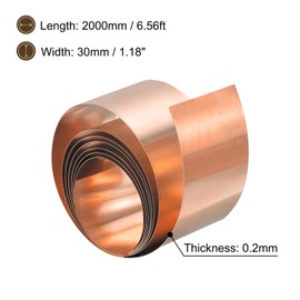 sourcing map Copper Sheet Roll, 2000mm x 30mm x 0.2mm 99.9% Pure Copper Strip Metal Foil Plate for Electrical DIY Projects