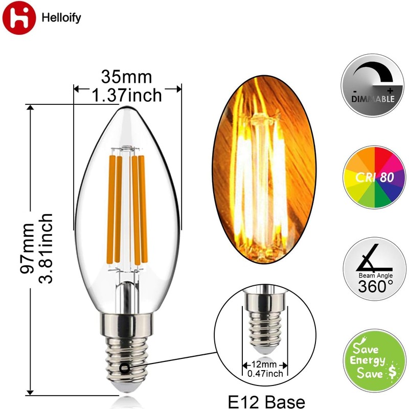 helloify B11 Dimmable Vintage LED Edison Candelabra Bulb 4.5W, 60W