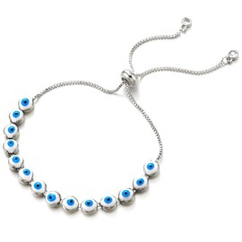 Womens Black White Blue Protection Evil Eye Link Chain Bracelet with Cubic Zirconia, Adjustable(CA)