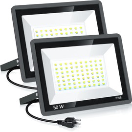 BaRiFanNova 2 Pack 50W LED Flood Light Outdoor,6000K Super Bright 6000LM Security Lights with Plug,Exterior IP66 Waterproof Flood Light for Basketball Court, Yard, Garden, Playground