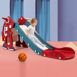 Toddler Slide For Toddler Age 1-3 Indoor Plastic Slide Outdoor Playground Climber Slide Playset With Basketball Hoop & Ring Game - Color: Dinosaur Blue