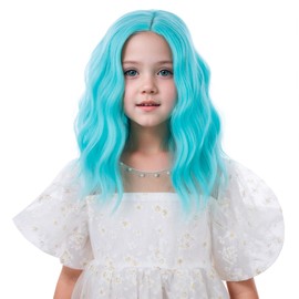 Edivd Child Teal Blue Wig Girls Light Blue Side Part Wig Kid Wavy Curly Wigs Heat Resistant Synthetic Wigs with Cap